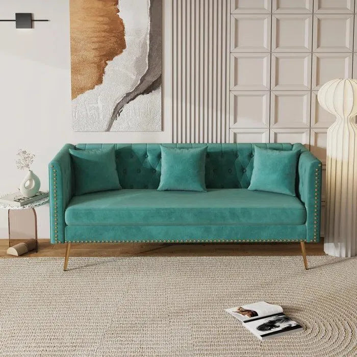 Teal Velvet Rectangular Sofa - High-Density Foam