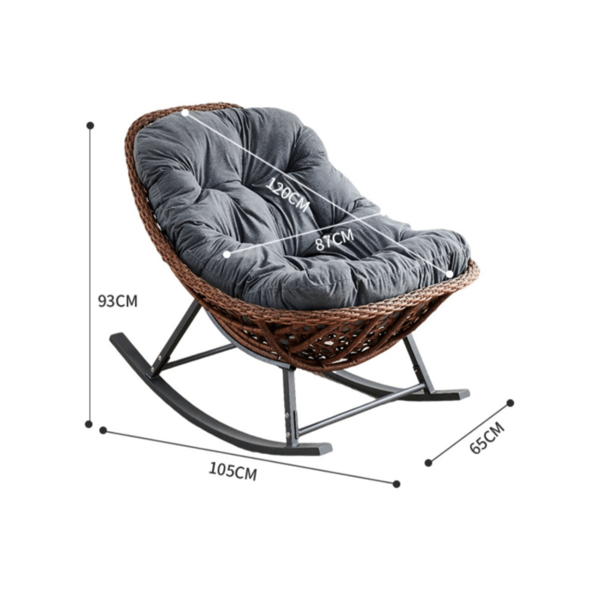 Modern rattan rocking chair with soft cushion, ideal for terrace in Dubai