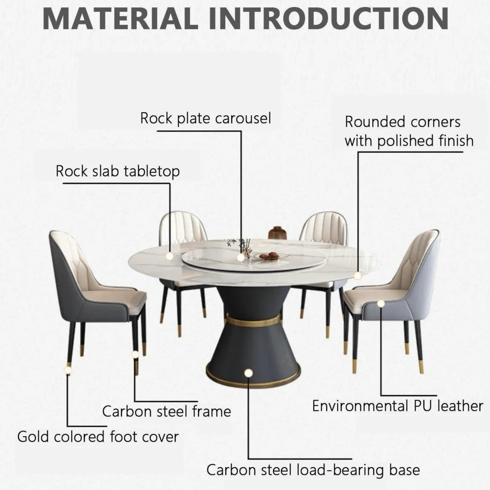 Luxury round dining table with rock slab tabletop and rotating feature