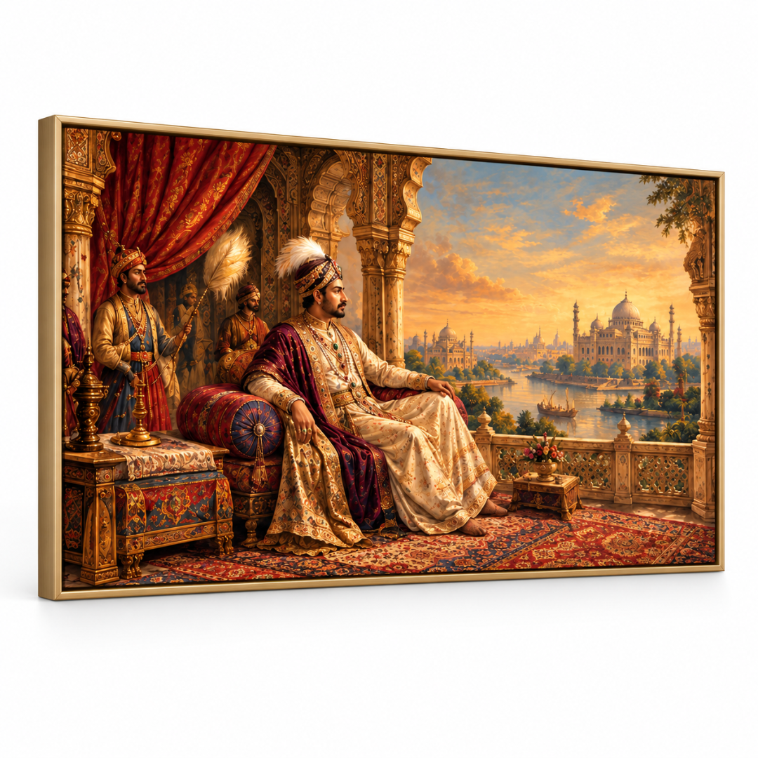 Wooden Twist Royal Maharaja Indian heritage canvas with golden metal frame – angled view on white background