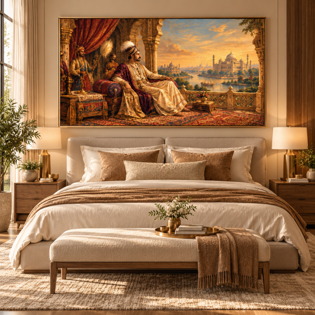 Wooden Twist Royal Maharaja canvas wall art with golden metal frame – lifestyle view above a bed in a luxury bedroom
