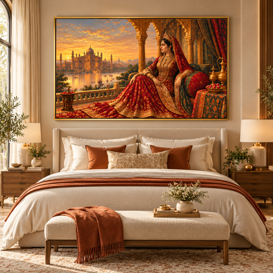 Wooden Twist Royal Maharani golden framed canvas wall art – lifestyle view above a bed in a luxury bedroom