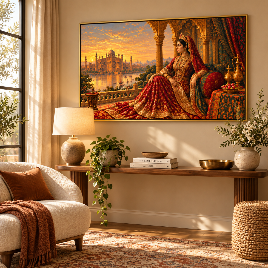 Wooden Twist Royal Maharani golden framed canvas painting – lifestyle view above a console table