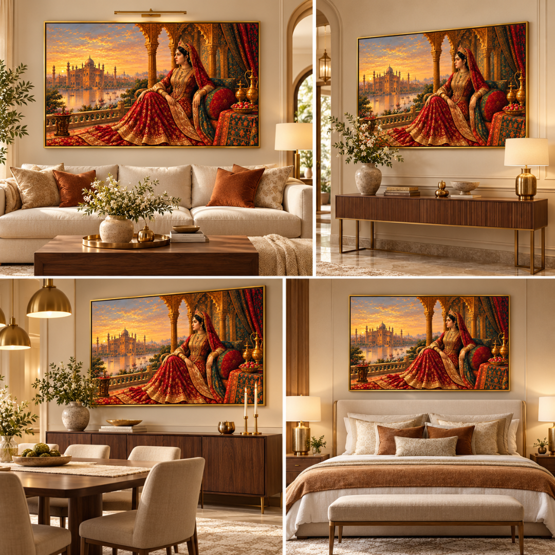 Wooden Twist Royal Maharani golden framed canvas wall art – styled in living room, hallway, dining room and bedroom
