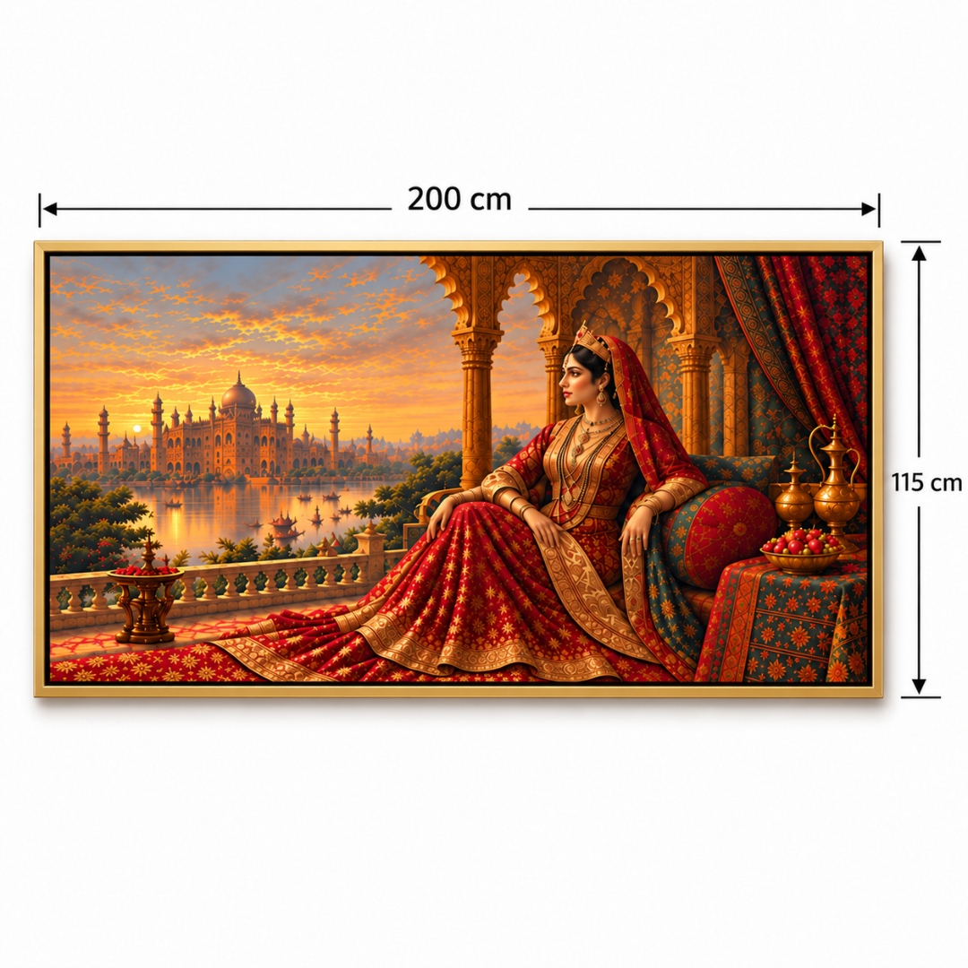 Wooden Twist Royal Maharani golden framed canvas wall art – dimensions 200 x 115 cm
