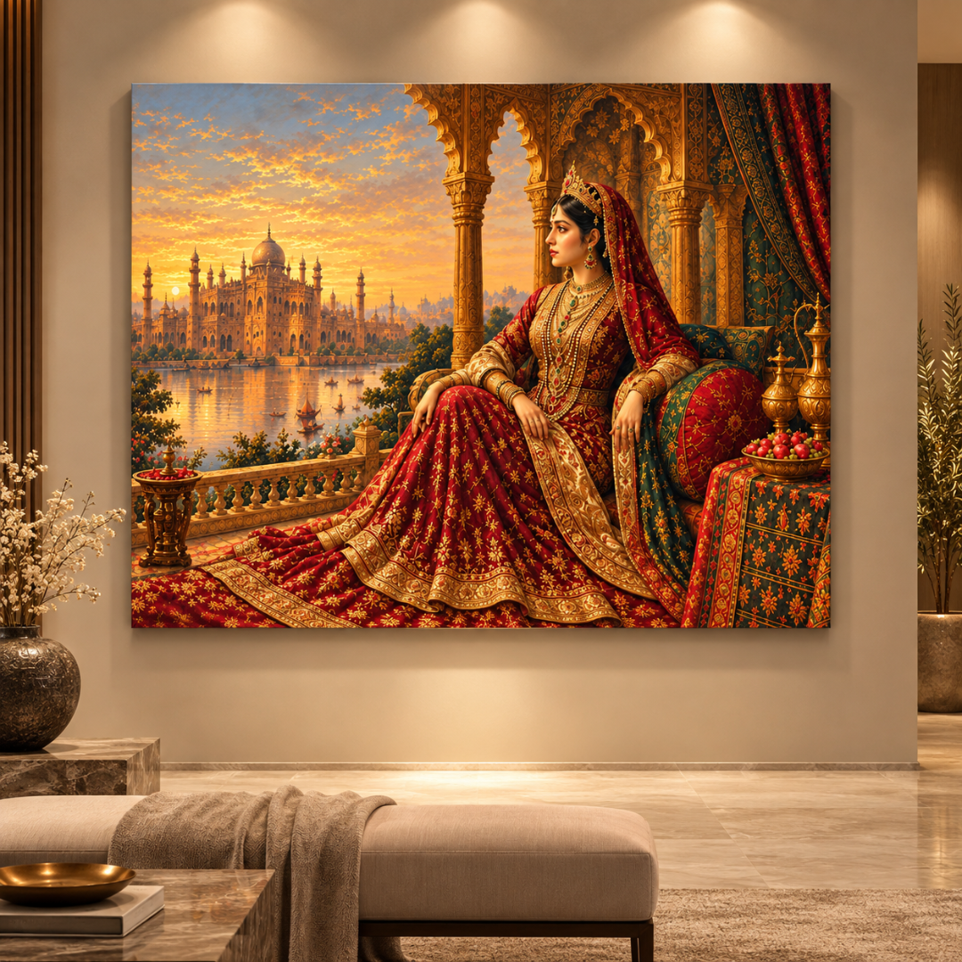 Wooden Twist Royal Maharani Mughal palace sunset frameless canvas wall art – lifestyle view on a lit feature wall