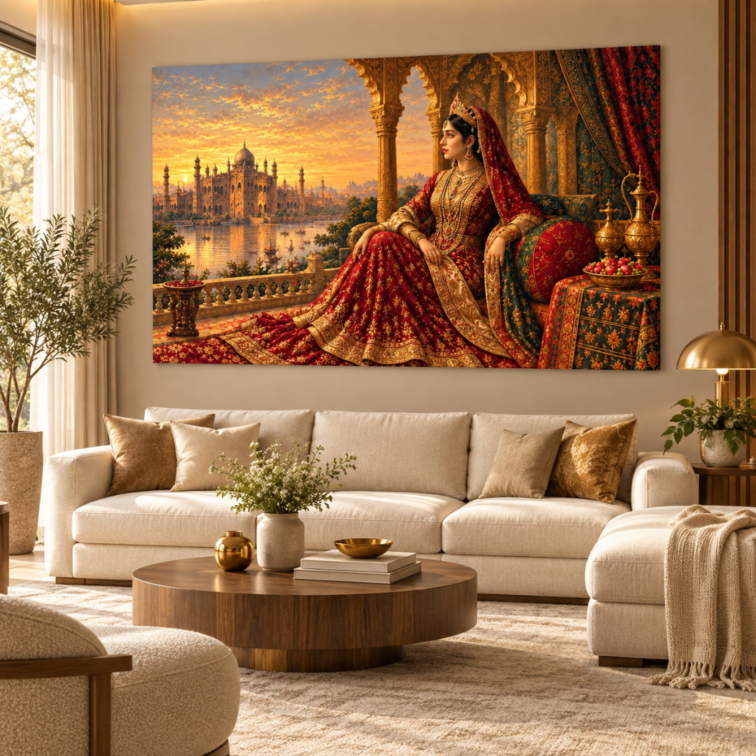 Wooden Twist Royal Maharani frameless canvas painting – lifestyle view above a sofa in a luxury living room