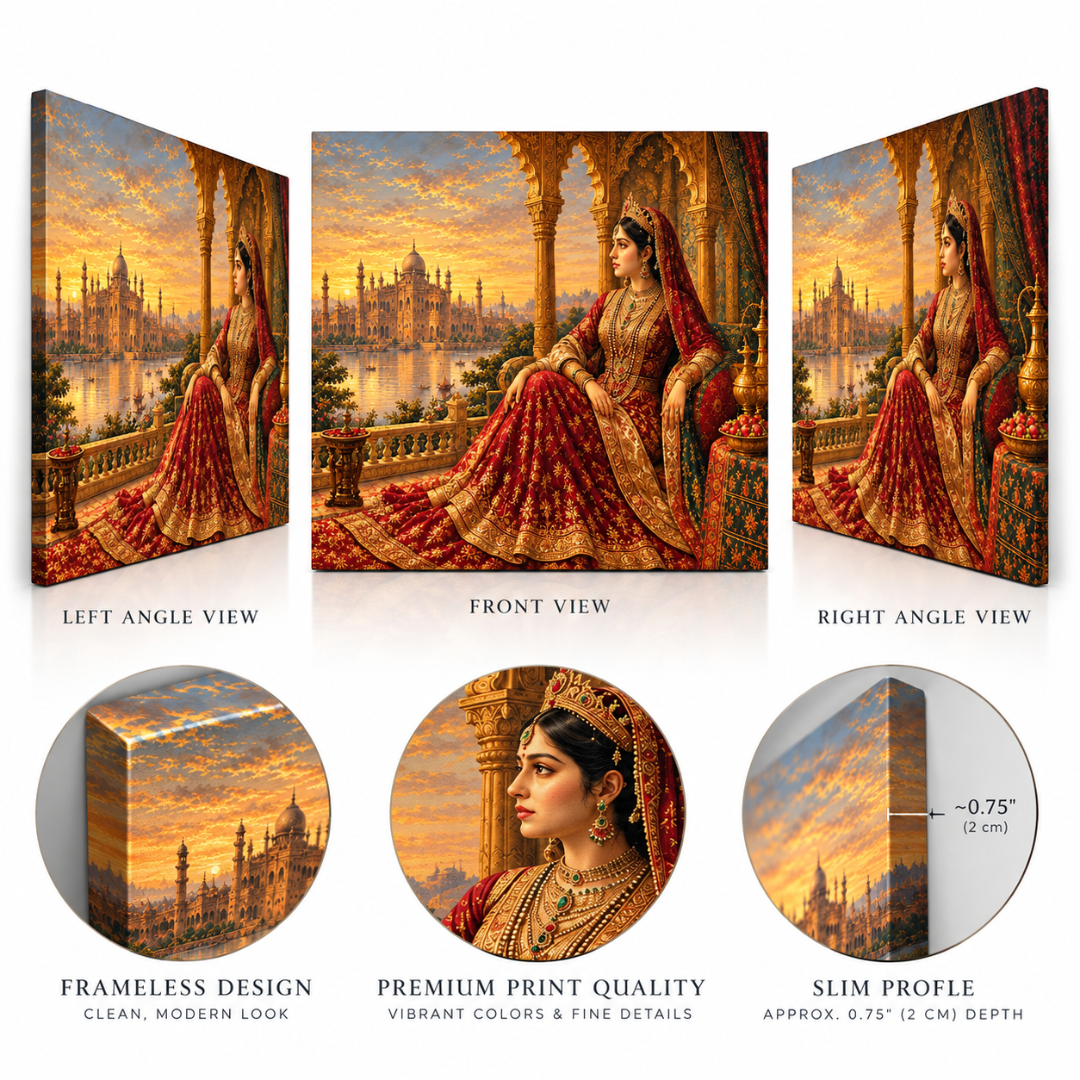 Wooden Twist Royal Maharani frameless canvas – left, front and right views with premium print quality and slim 2 cm profile