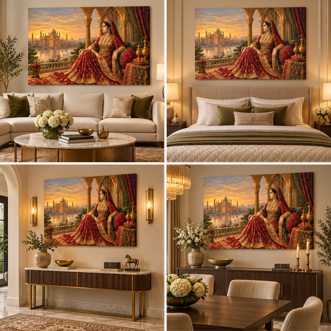 Wooden Twist Royal Maharani frameless canvas wall art – styled in living room, bedroom, hallway and dining room