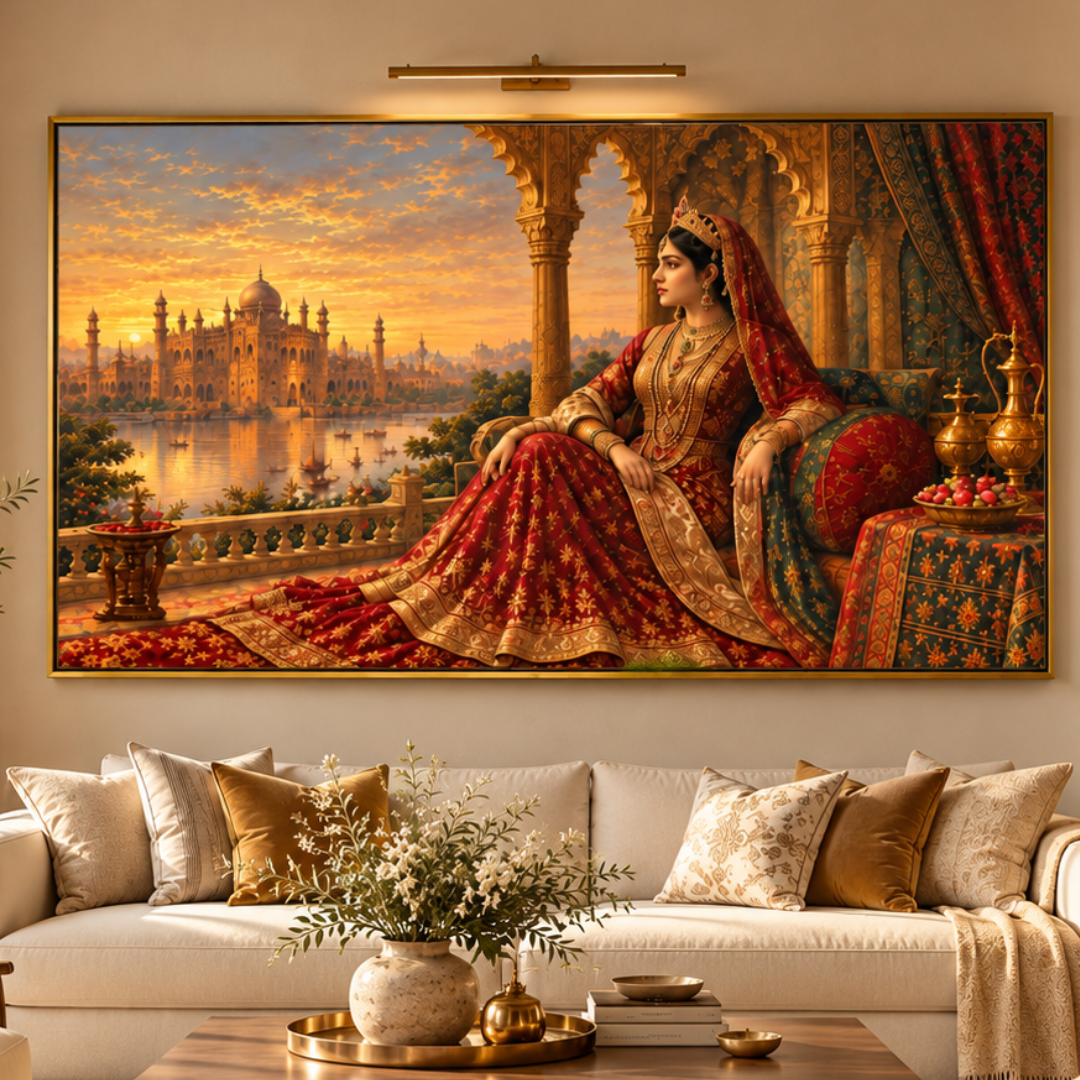 Wooden Twist Royal Maharani Mughal palace sunset canvas wall art with golden metal frame – lifestyle view above a living room sofa