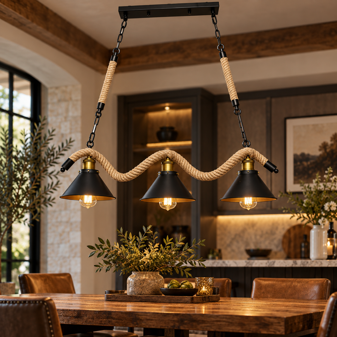Wooden Twist rustic hemp rope 3-light island chandelier with black cone shades – lifestyle view over a wooden dining table