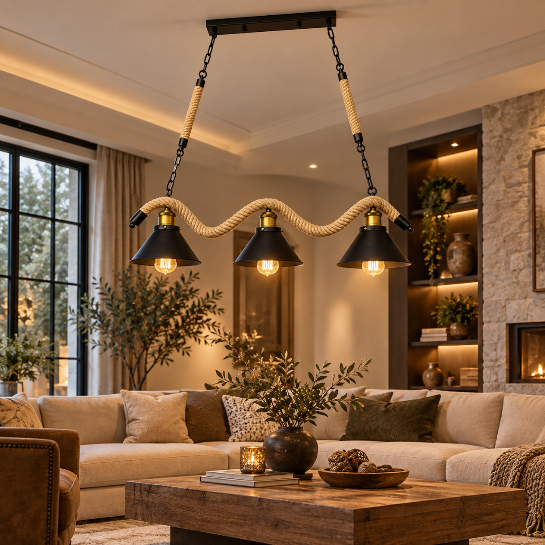 Wooden Twist rope chandelier with three black metal shades – lifestyle view above a living room coffee table