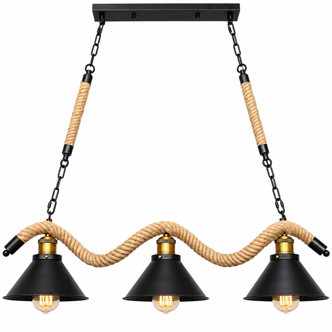 Wooden Twist hemp rope island chandelier with black metal cone shades – front view on white background