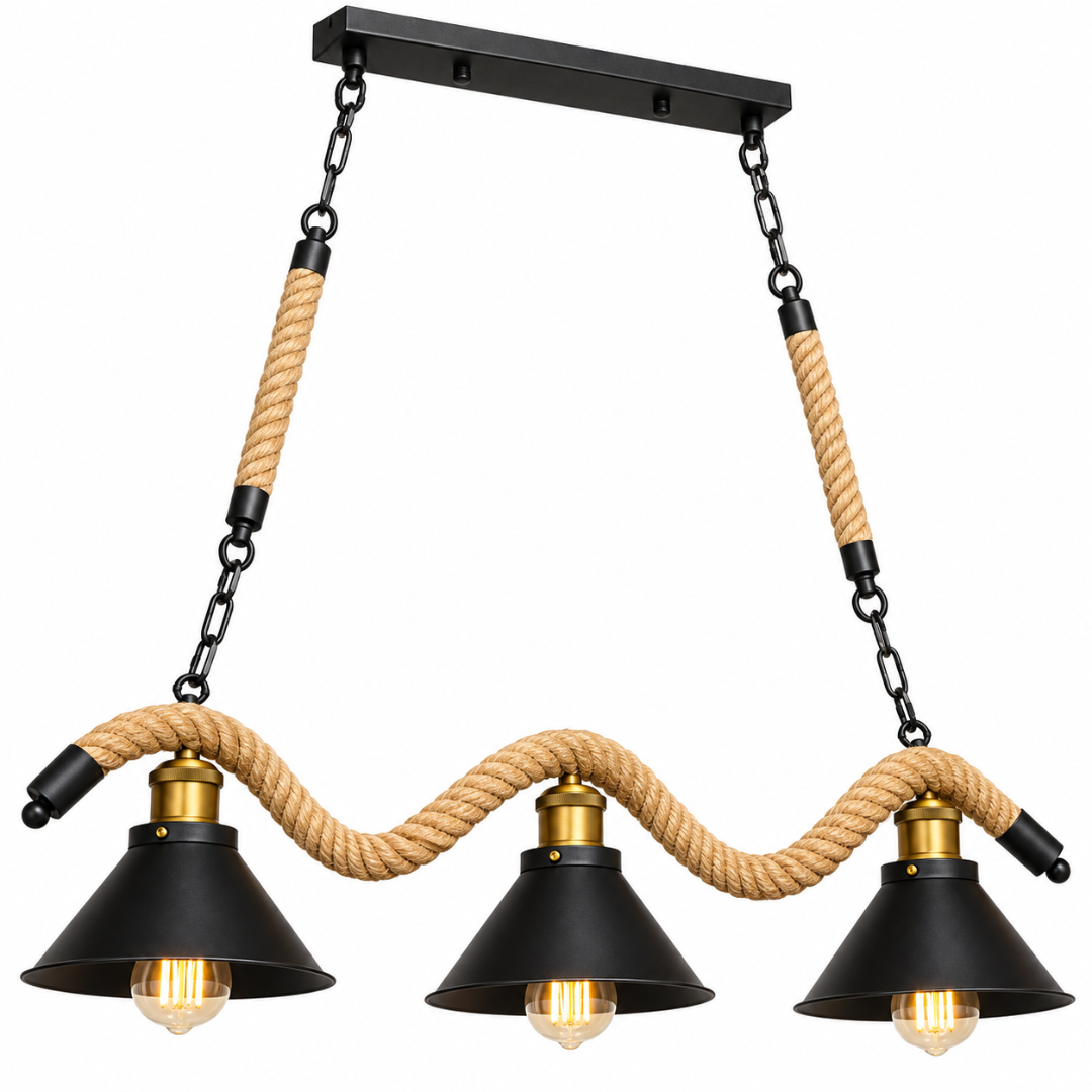 Wooden Twist industrial rope 3-light pendant chandelier – angled view on white background
