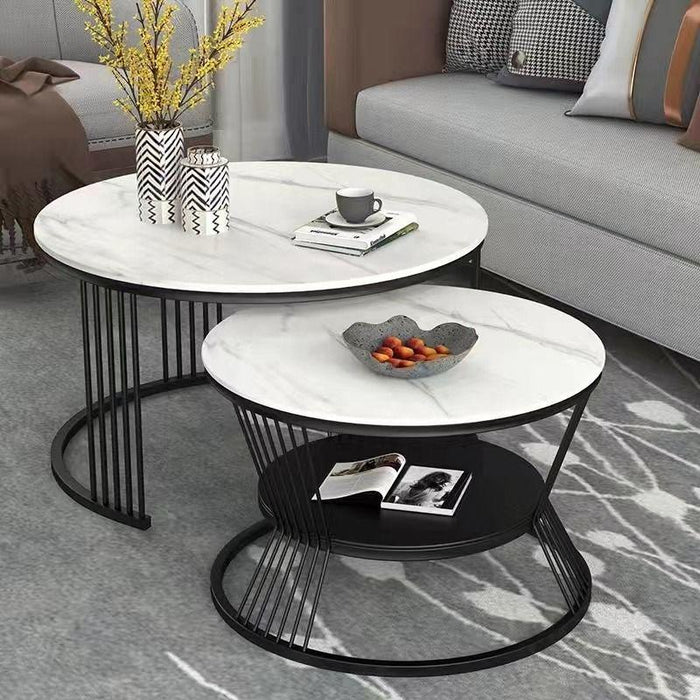 Wooden Twist Modern Contemporary Stainless Steel Base Marble Top Nesting Coffee Table ( Set of 2 )