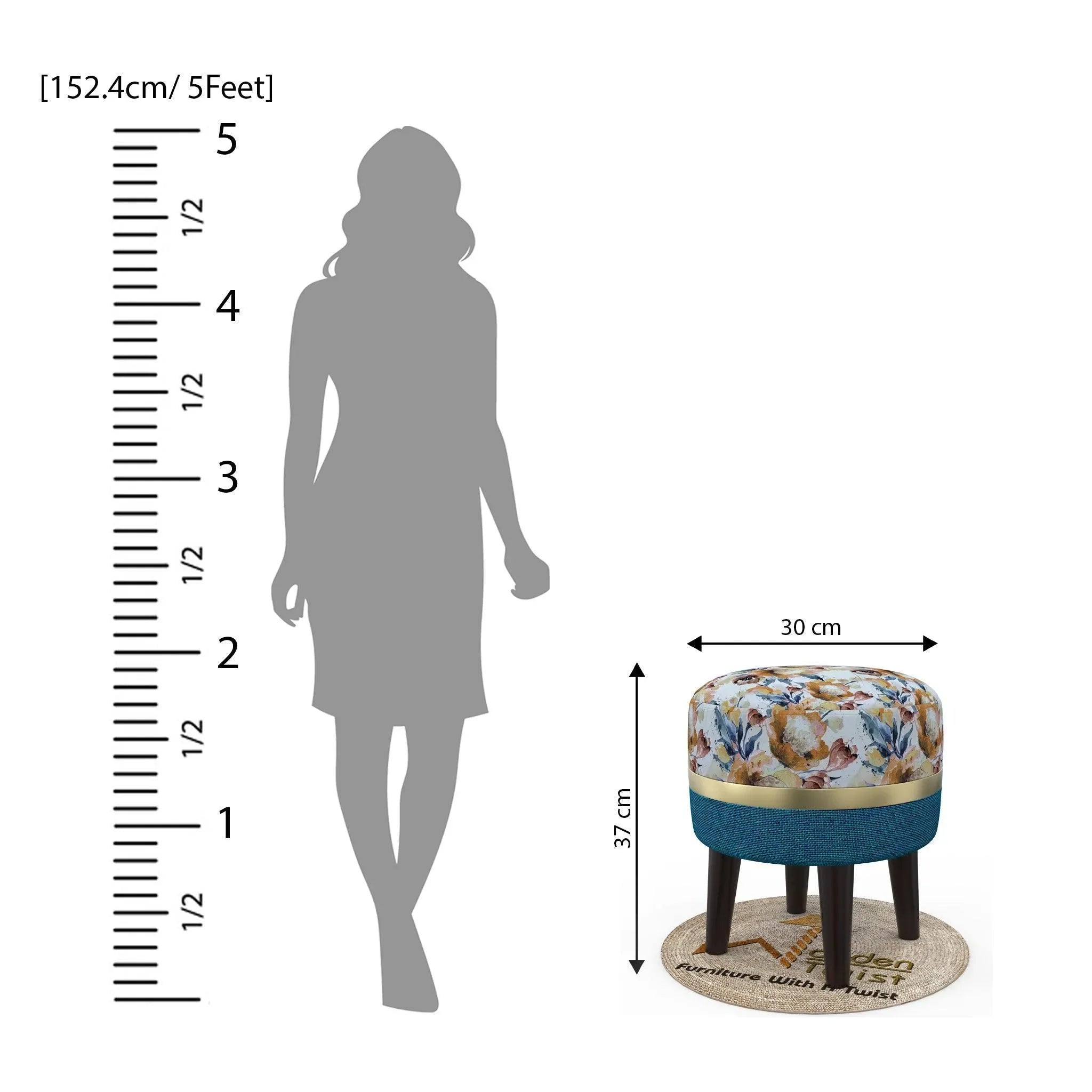 Wooden Twist Flank Puffy Ottoman Stool For Living Room ( Beige & Blue ) - Wooden Twist UAE