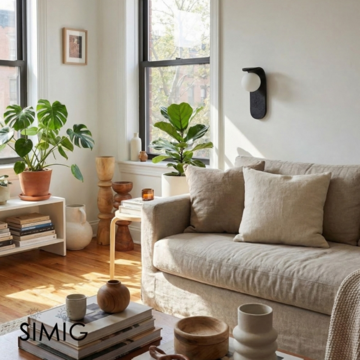 Skatera Travertine Wall Lamp installed in a sunlit living room with plants and sofa