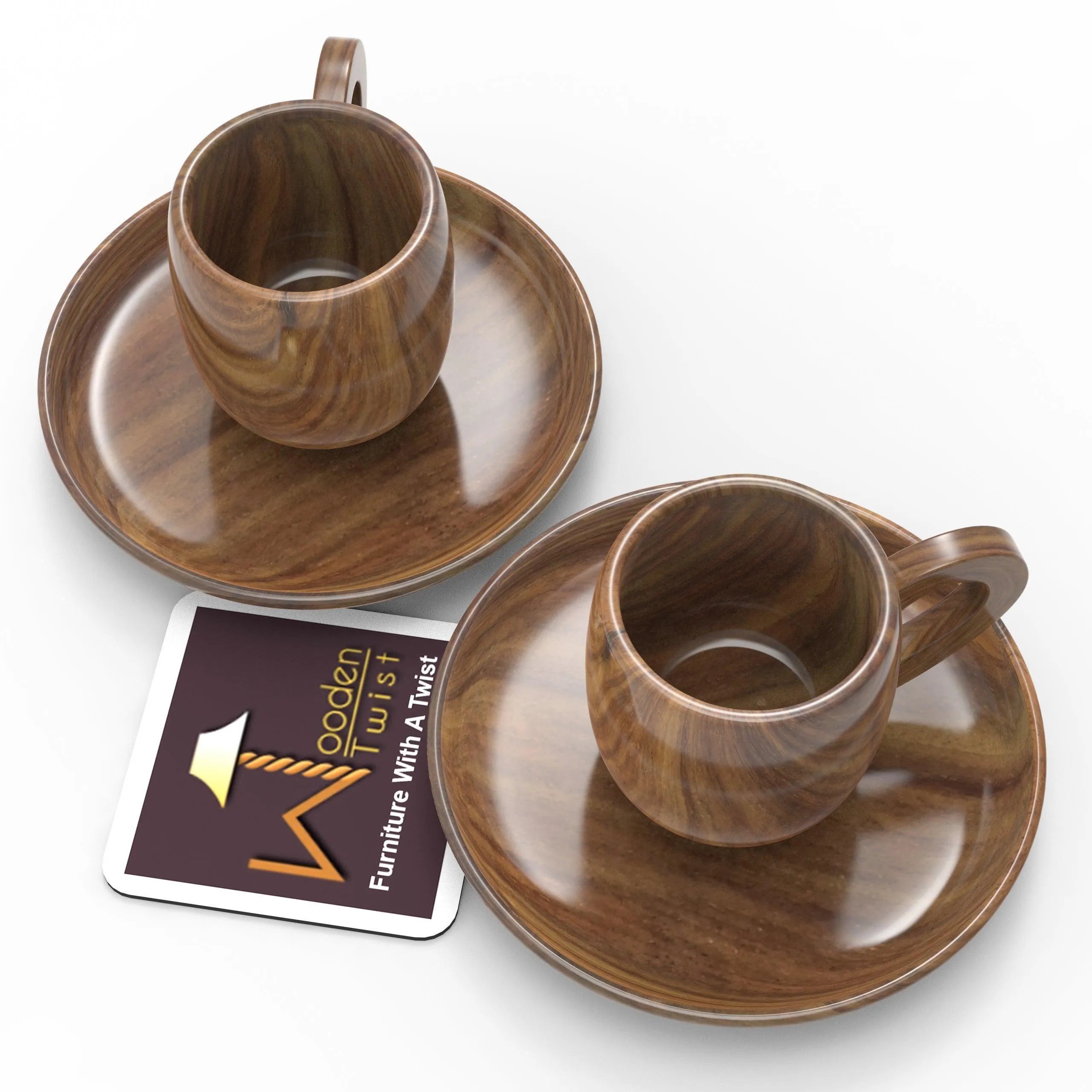 Sheesham Wood Exquisite Cup & Saucer (Set of 2) - Wooden Twist UAE