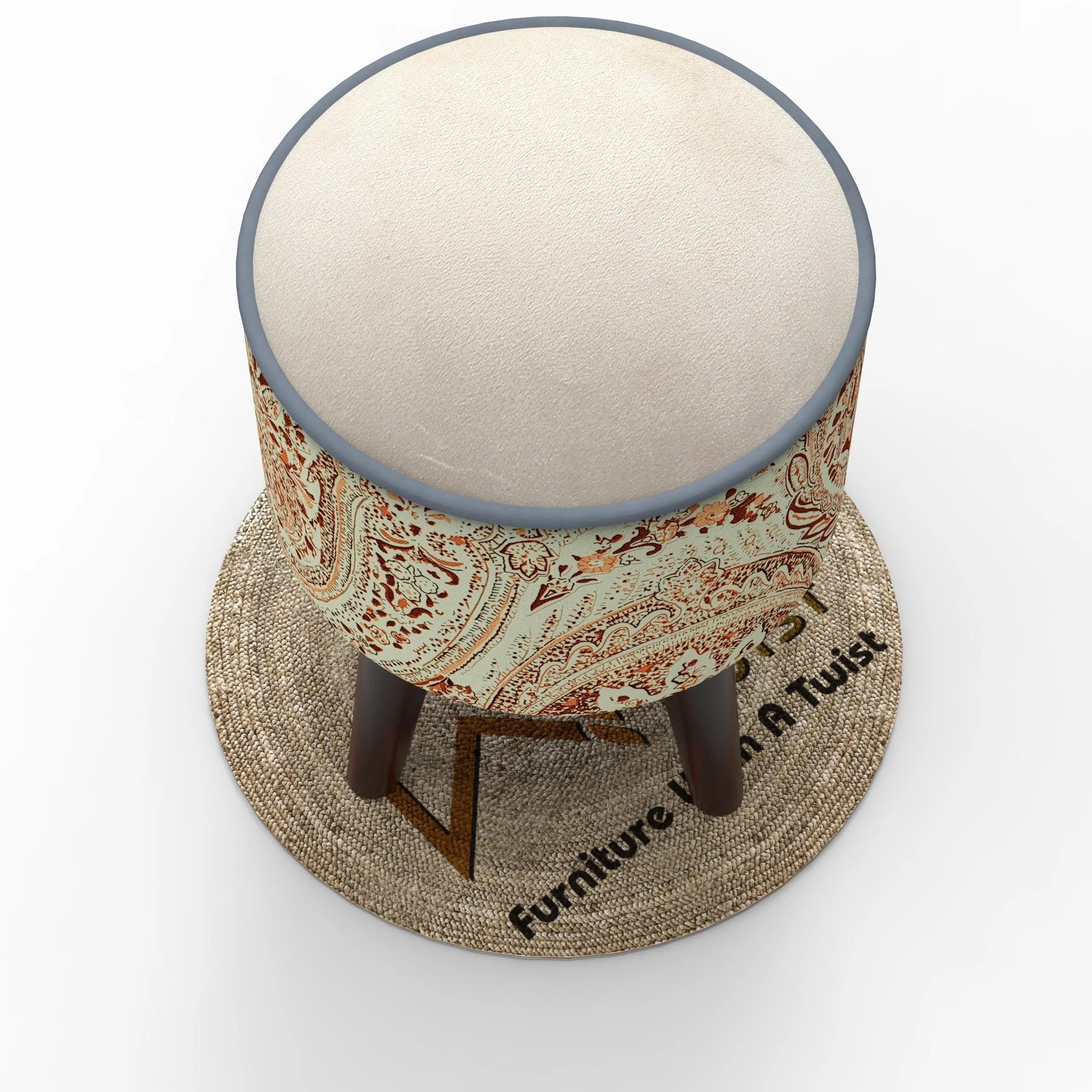 Wooden Twist Rope Puffy Ottoman Stool For Living Room ( Cream & Brown ) - Wooden Twist UAE