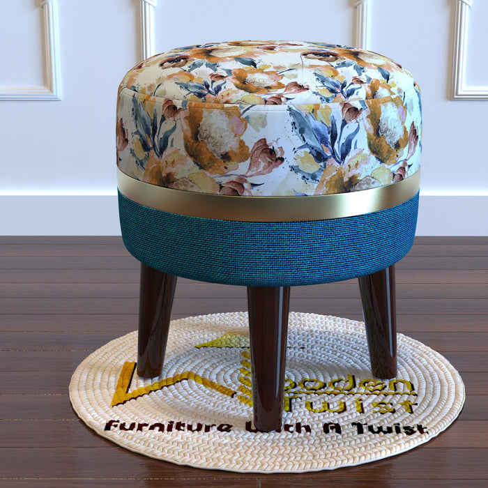 Wooden Twist Flank Puffy Ottoman Stool For Living Room ( Beige & Blue )