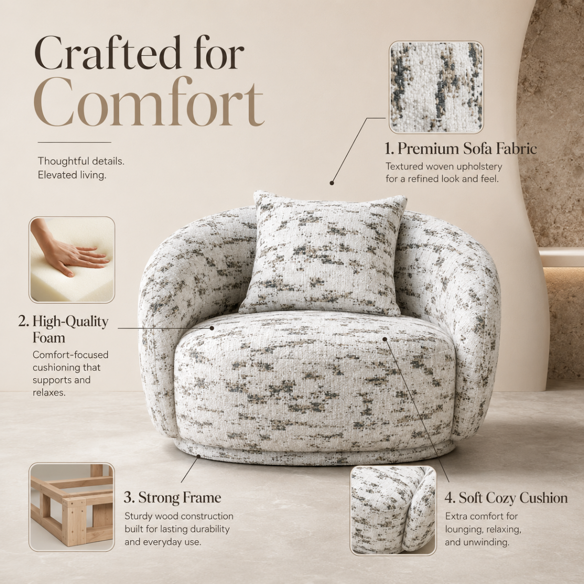 Wooden Twist Snug Modern Curved Sofa Single Seater, product view