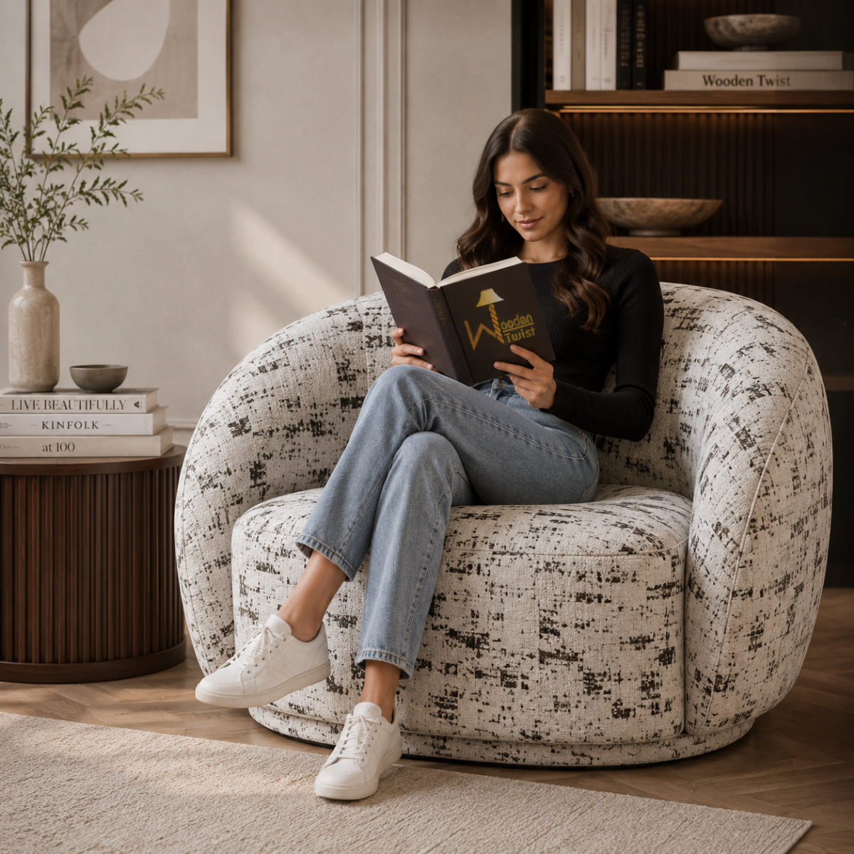 Wooden Twist Snug Modern Curved Sofa Single Seater, product view