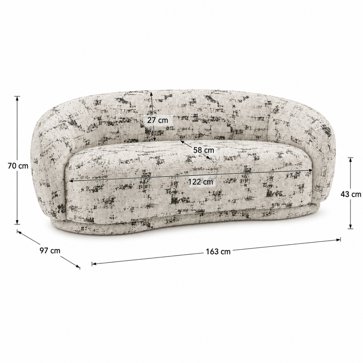 Wooden Twist Snug Modern Curved Sofa 2 Seater dimensions - 163 x 97 x 70 cm