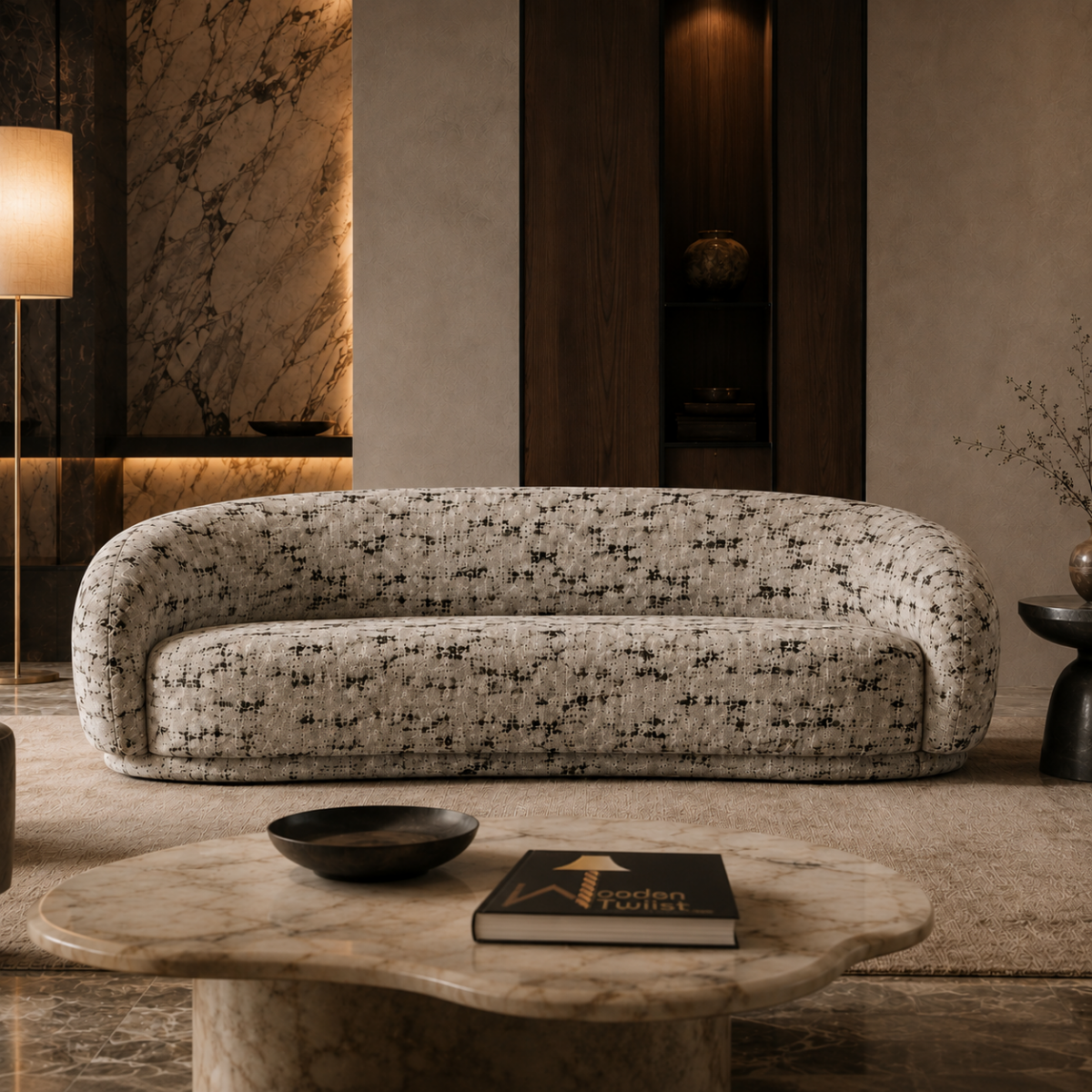 Wooden Twist Snug Modern Curved Sofa 3 Seater, front view lifestyle