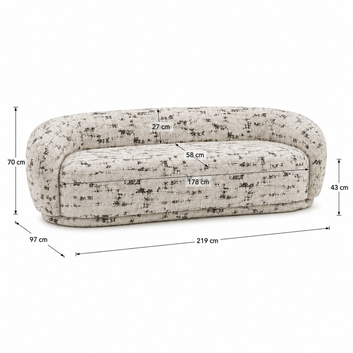 Wooden Twist Snug Modern Curved Sofa 3 Seater dimensions - 219 x 97 x 70 cm