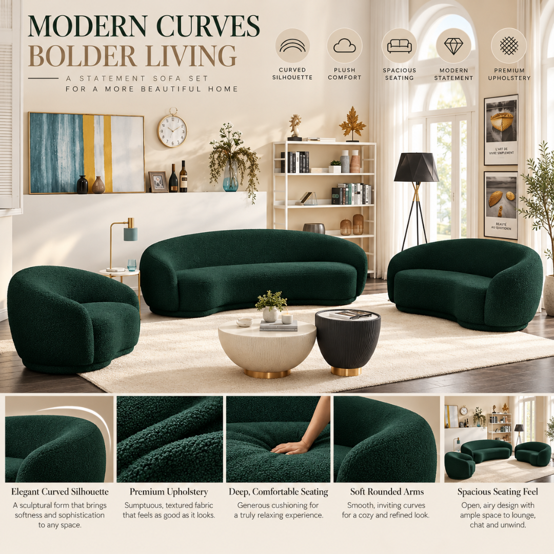 Snug Rounded Back Rich Green Modern Boucle Sofa