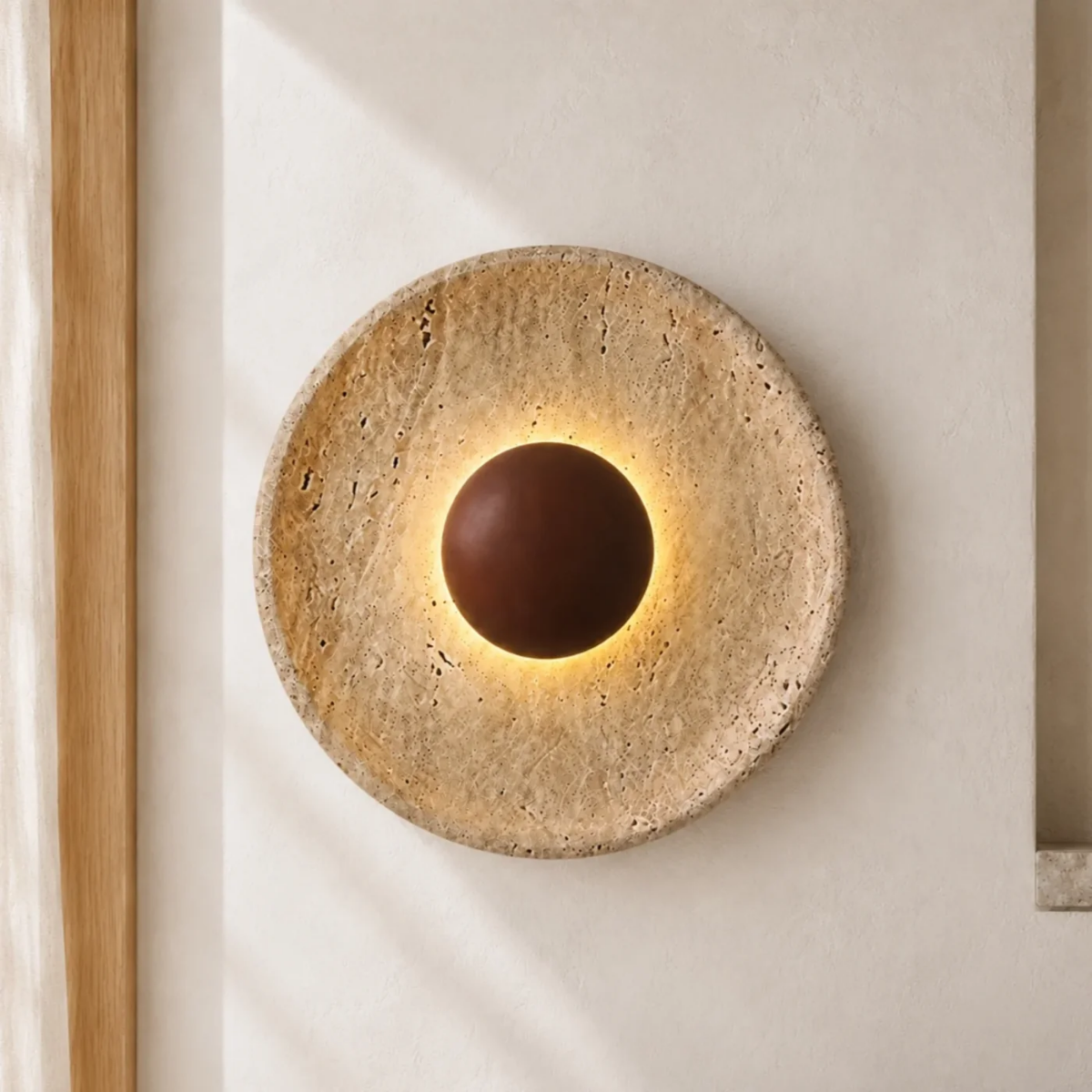 Solara Travertine Round Wall Light mounted on a bedroom wall, natural stone eclipse design with warm LED glow
