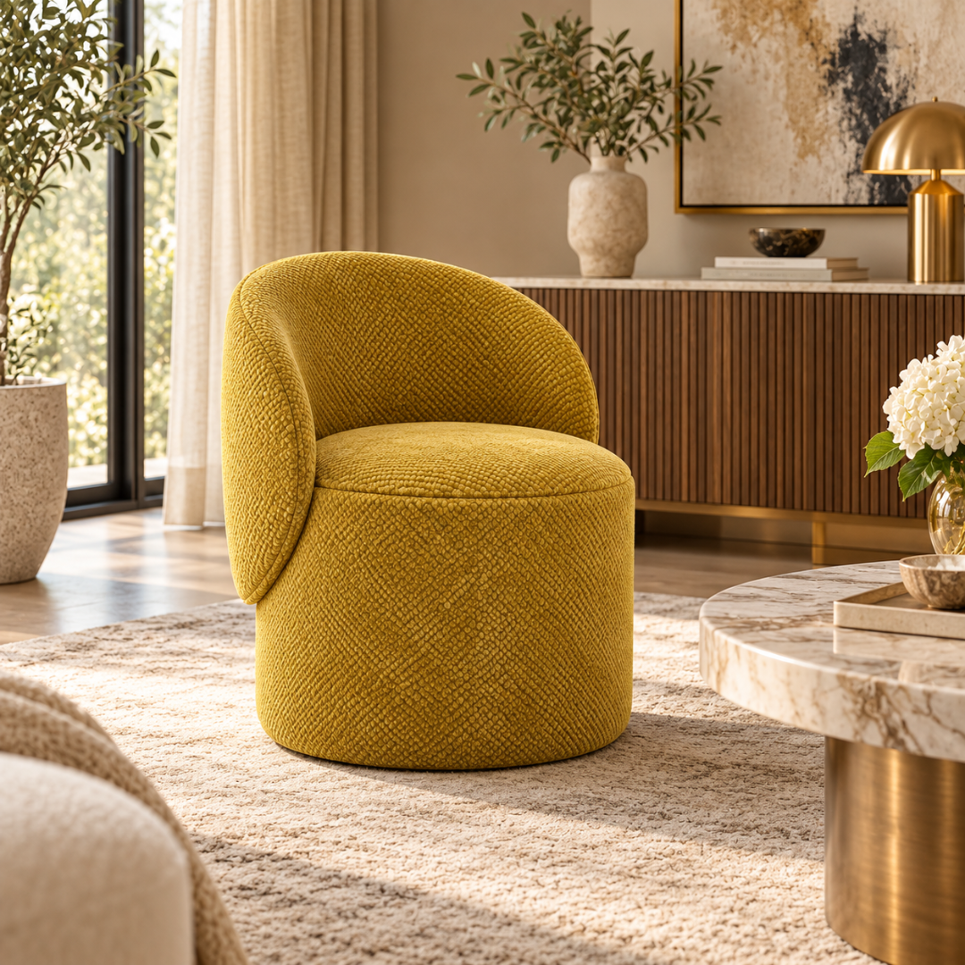 Wooden Twist Solvera Boucle Accent Chair Mustard Yellow – in a sunlit living room beside a marble coffee table