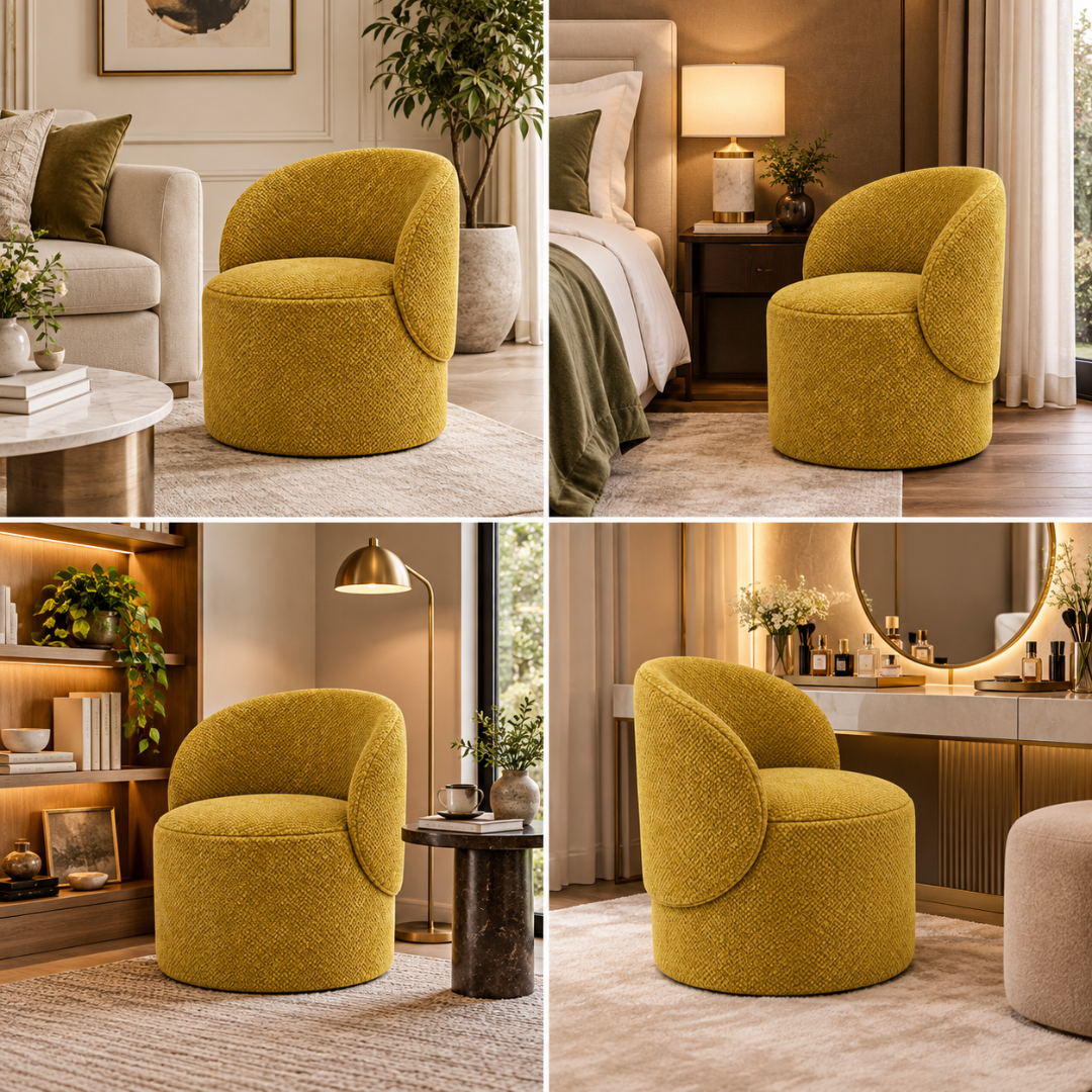 Wooden Twist Solvera Boucle Accent Chair Mustard Yellow – styled in living room, bedroom, reading nook and dressing area
