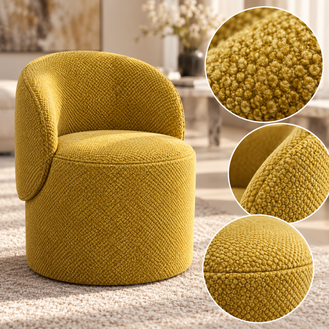 Wooden Twist Solvera Boucle Accent Chair Mustard Yellow – close-ups of textured boucle fabric, backrest edge and seat