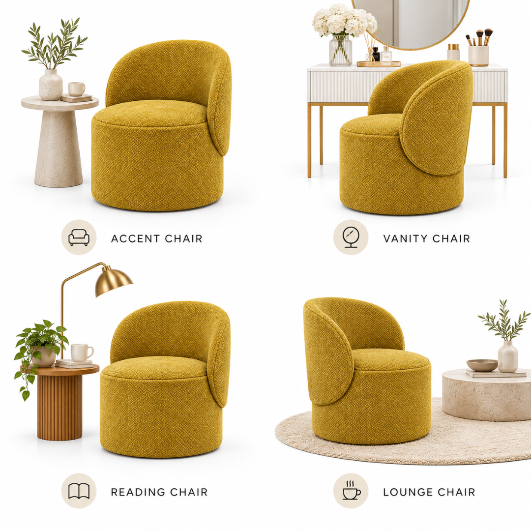 Wooden Twist Solvera Boucle Accent Chair Mustard Yellow – uses as accent, vanity, reading and lounge chair
