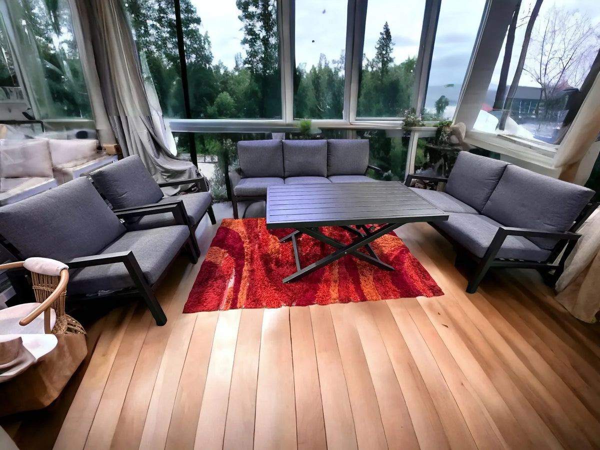 A Complete Aluminum Lounge Set, Finished in Walnut