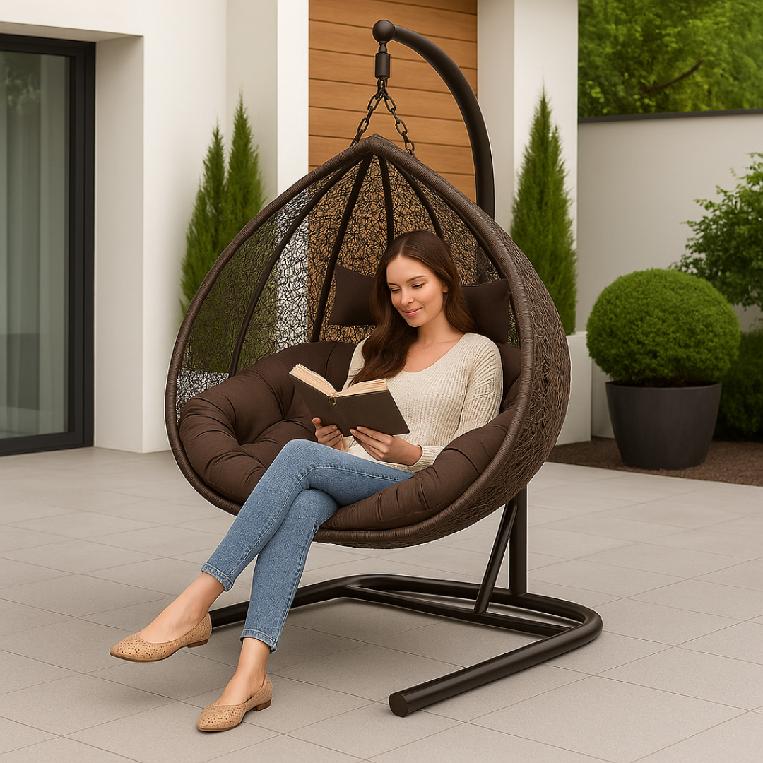 Woman reading a book in a hanging egg chair outdoors.
