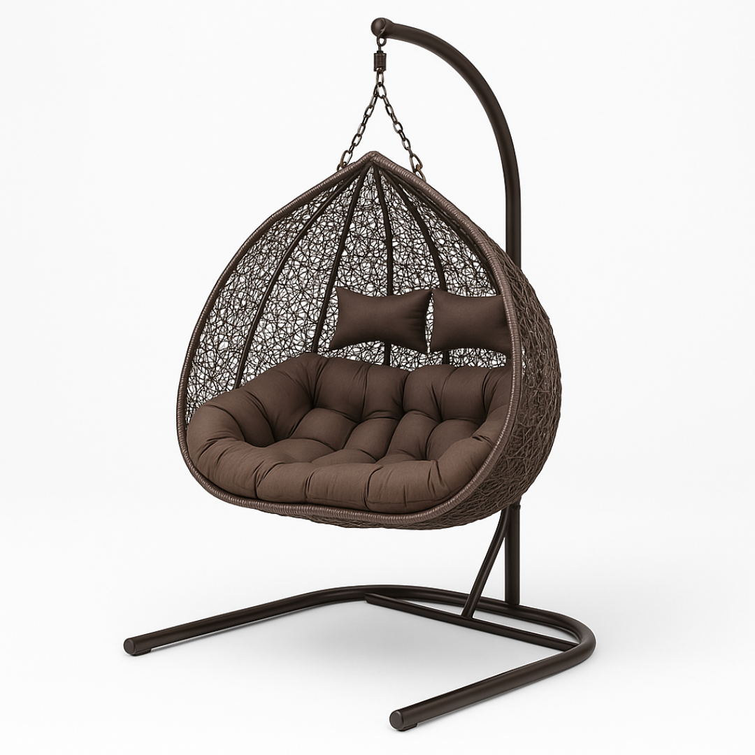 Brown hanging egg chair with cushions on a white background