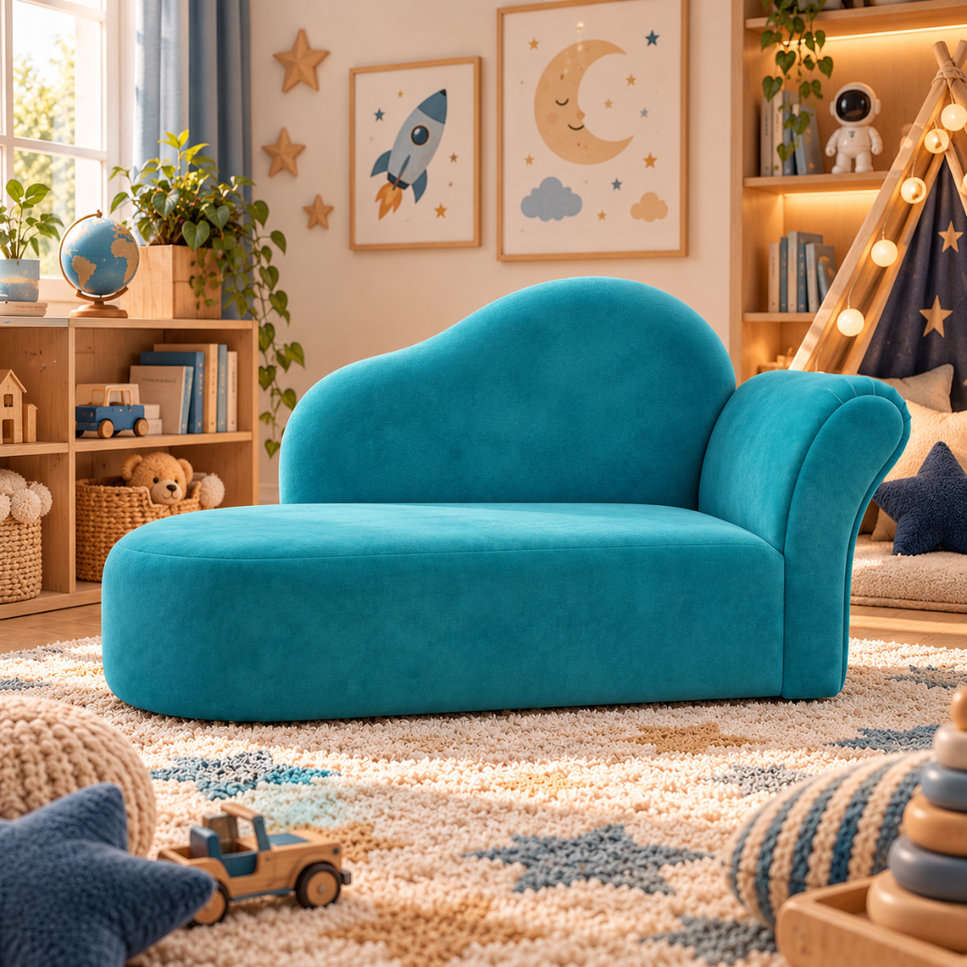 Wooden Twist Princess Velvet Kids Chaise Sofa Sky Blue – Kids Room