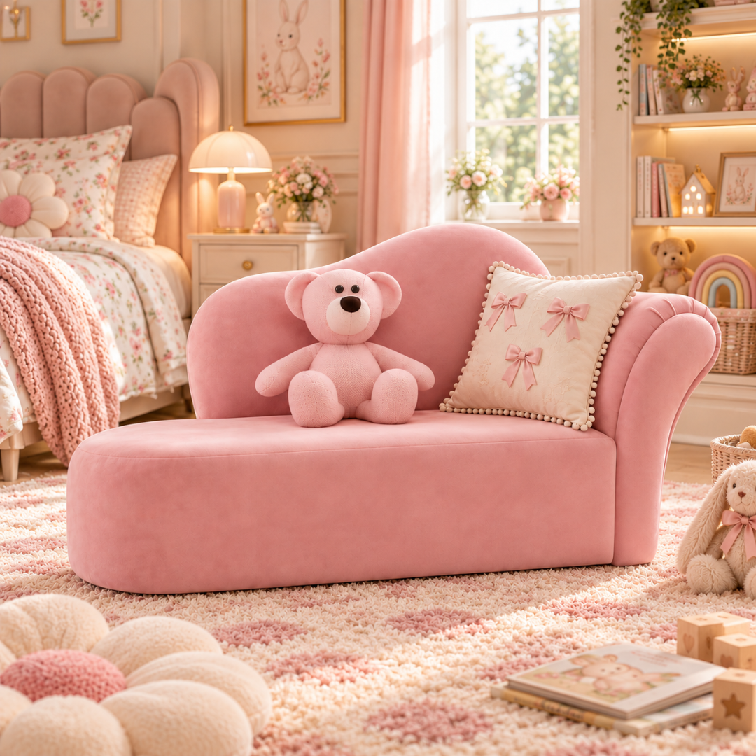 Wooden Twist Princess Velvet Kids Chaise Sofa Pink – Girls Bedroom