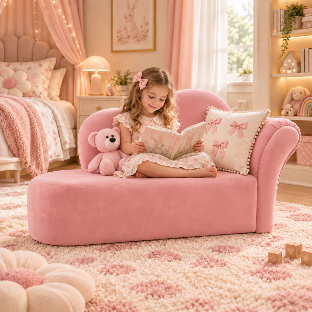 Wooden Twist Princess Velvet Kids Chaise Sofa Pink – Kids Room with Child