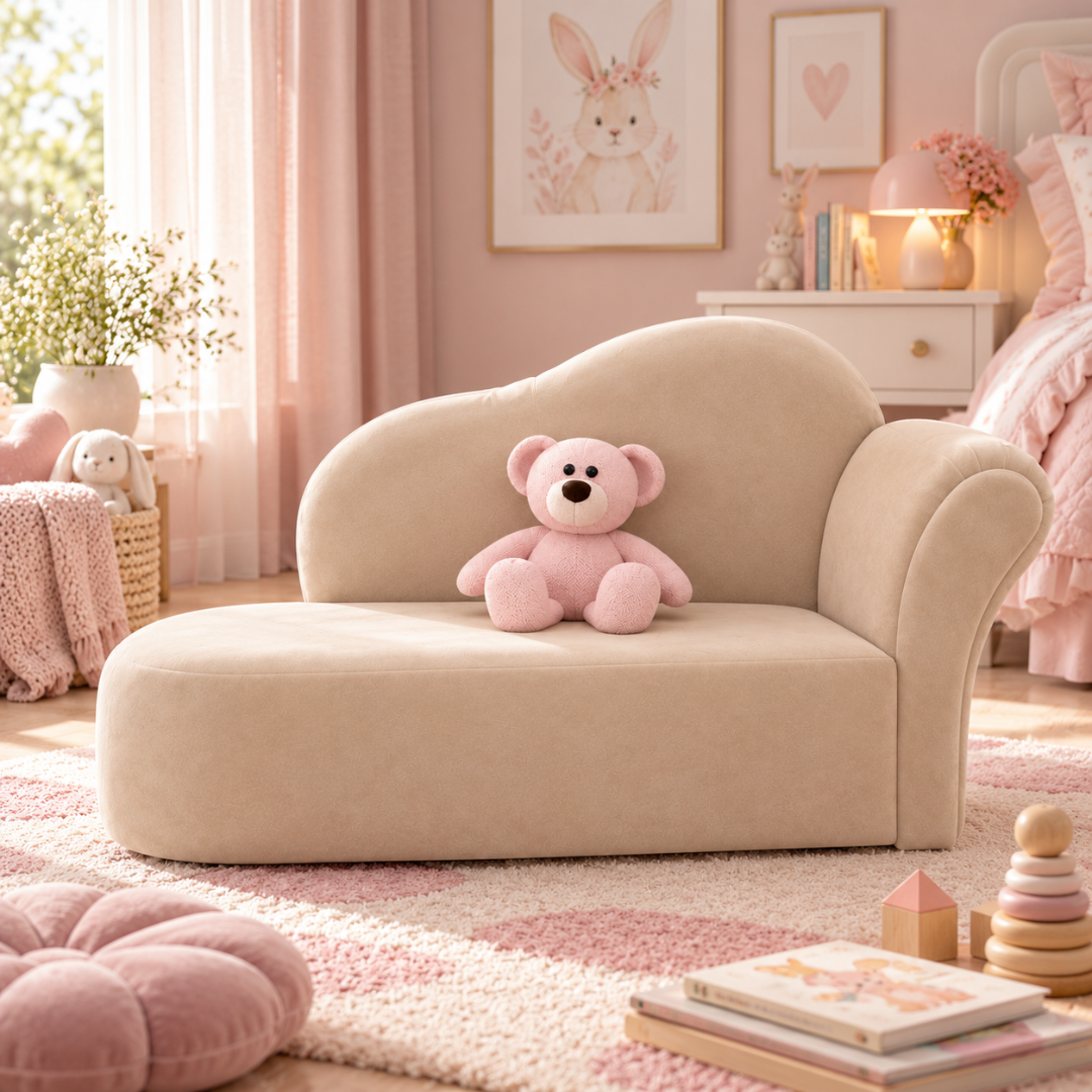 Wooden Twist Princess Velvet Kids Chaise Sofa Beige – Kids Bedroom