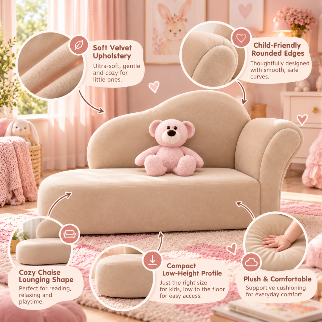 Wooden Twist Princess Velvet Kids Chaise Sofa Beige – Key Features