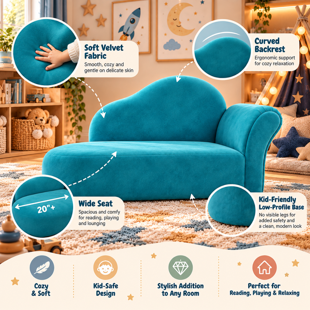 Wooden Twist Princess Velvet Kids Chaise Sofa Sky Blue – Key Features