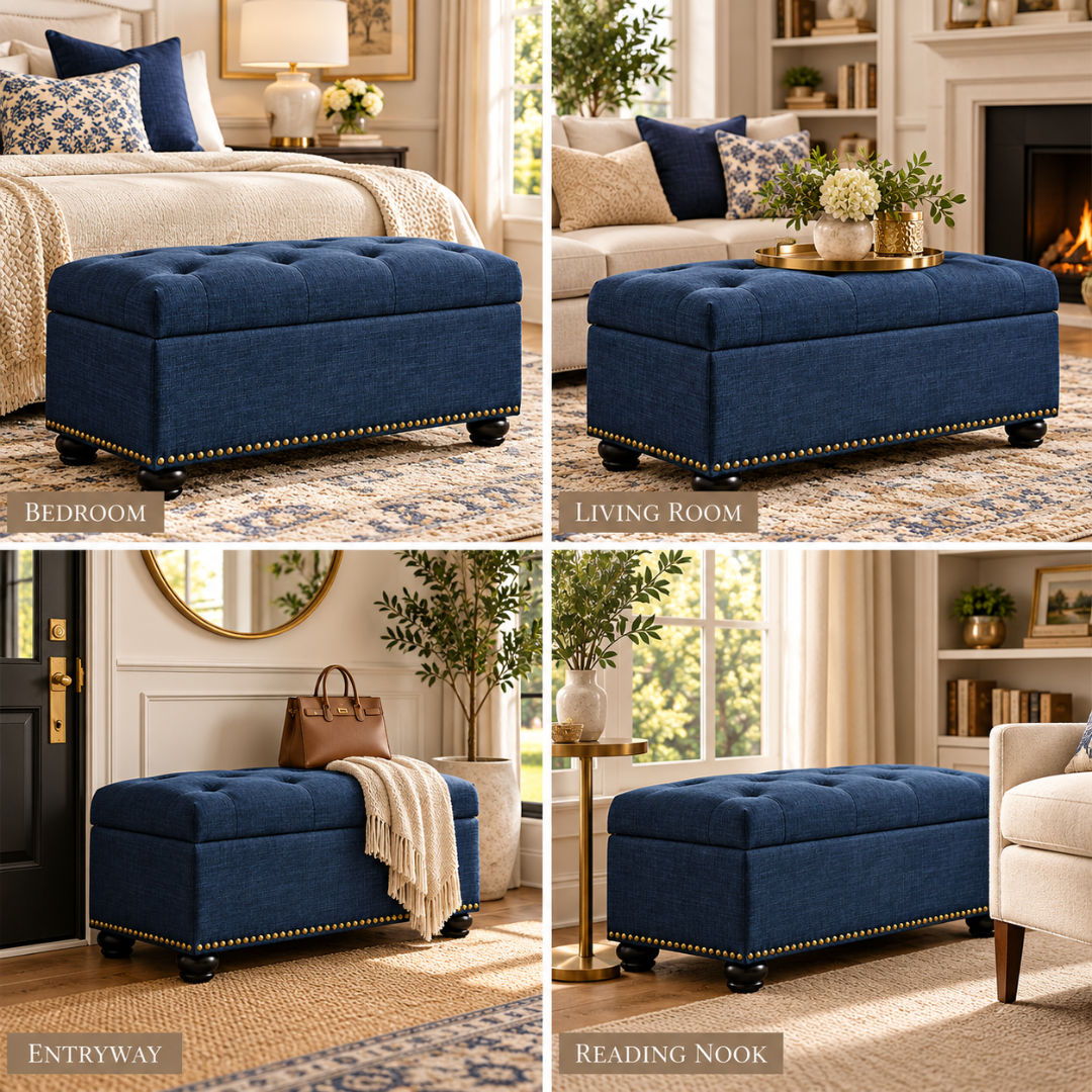 Wooden Twist blue storage ottoman – styled in bedroom, living room, entryway and reading nook