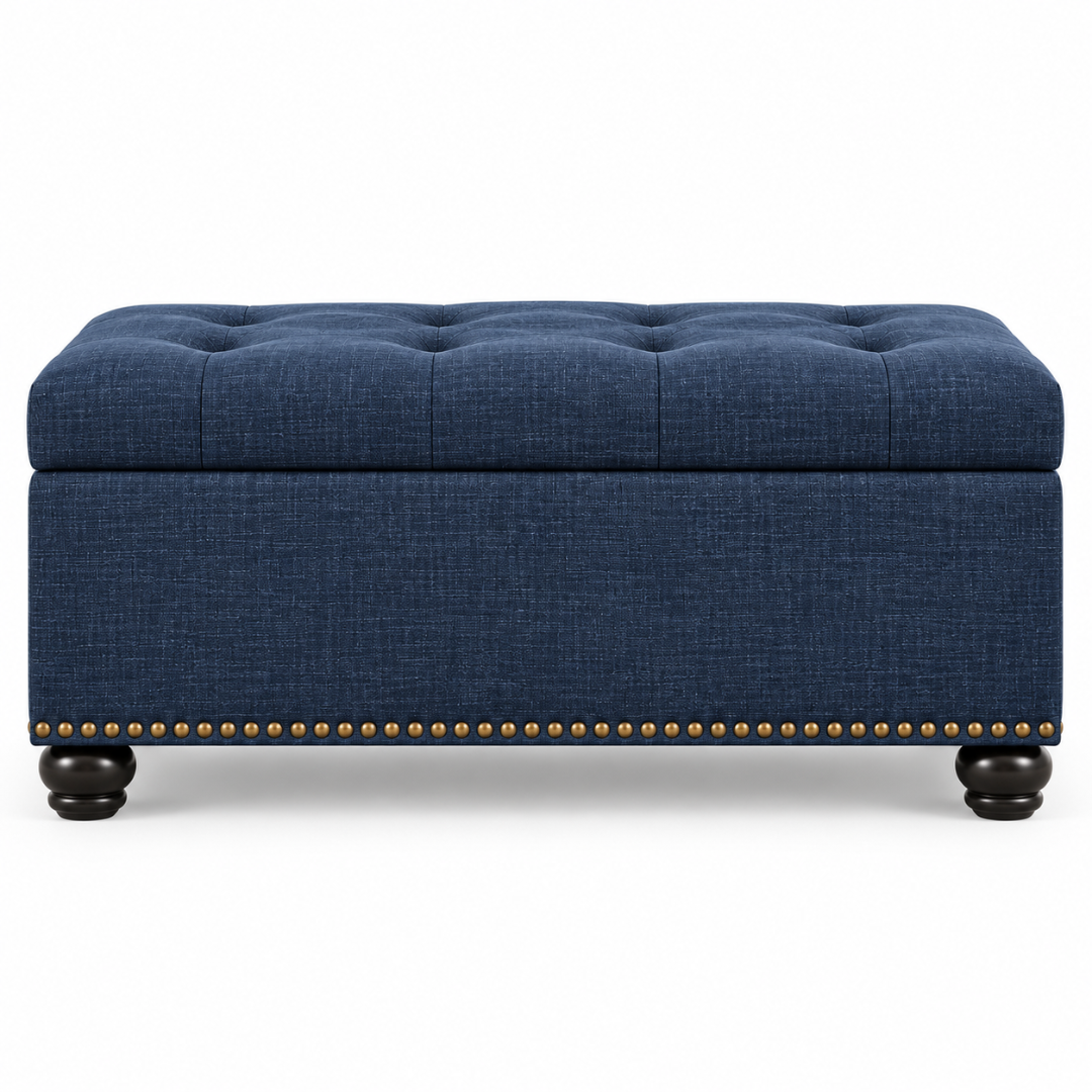 Wooden Twist blue tufted rectangle storage ottoman – front view on white background