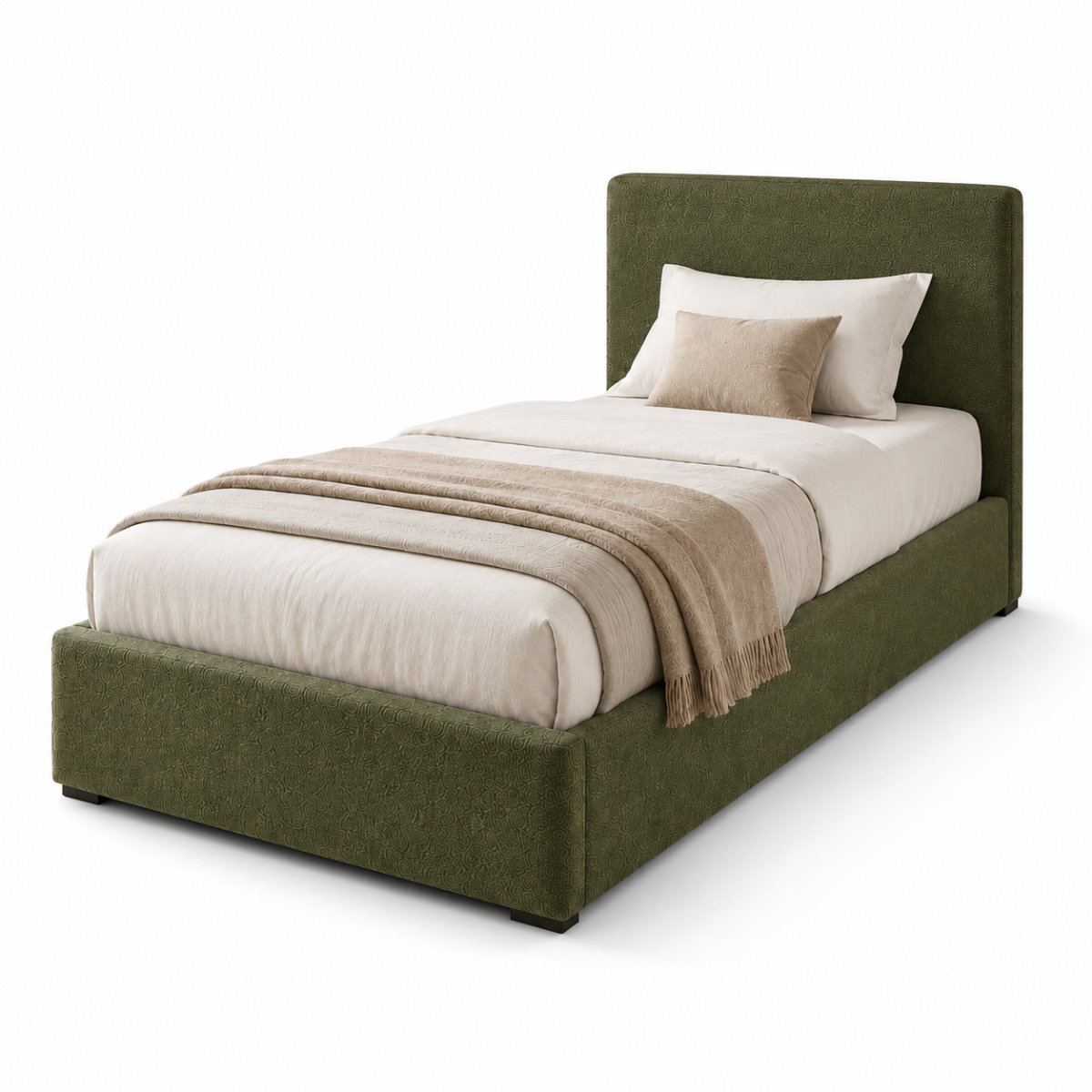 Wooden Twist Marlo Olive Green Boucle Upholstered Hydraulic Storage Bed with Lift-Up Storage
