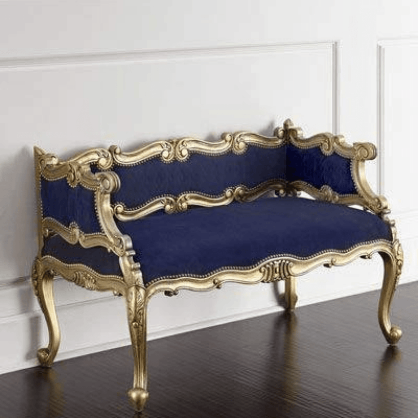 Wooden Twist Engrave Hand Carved Teak Wood 2 Seater Bench for Living Room ( Blue ) - Wooden Twist UAE