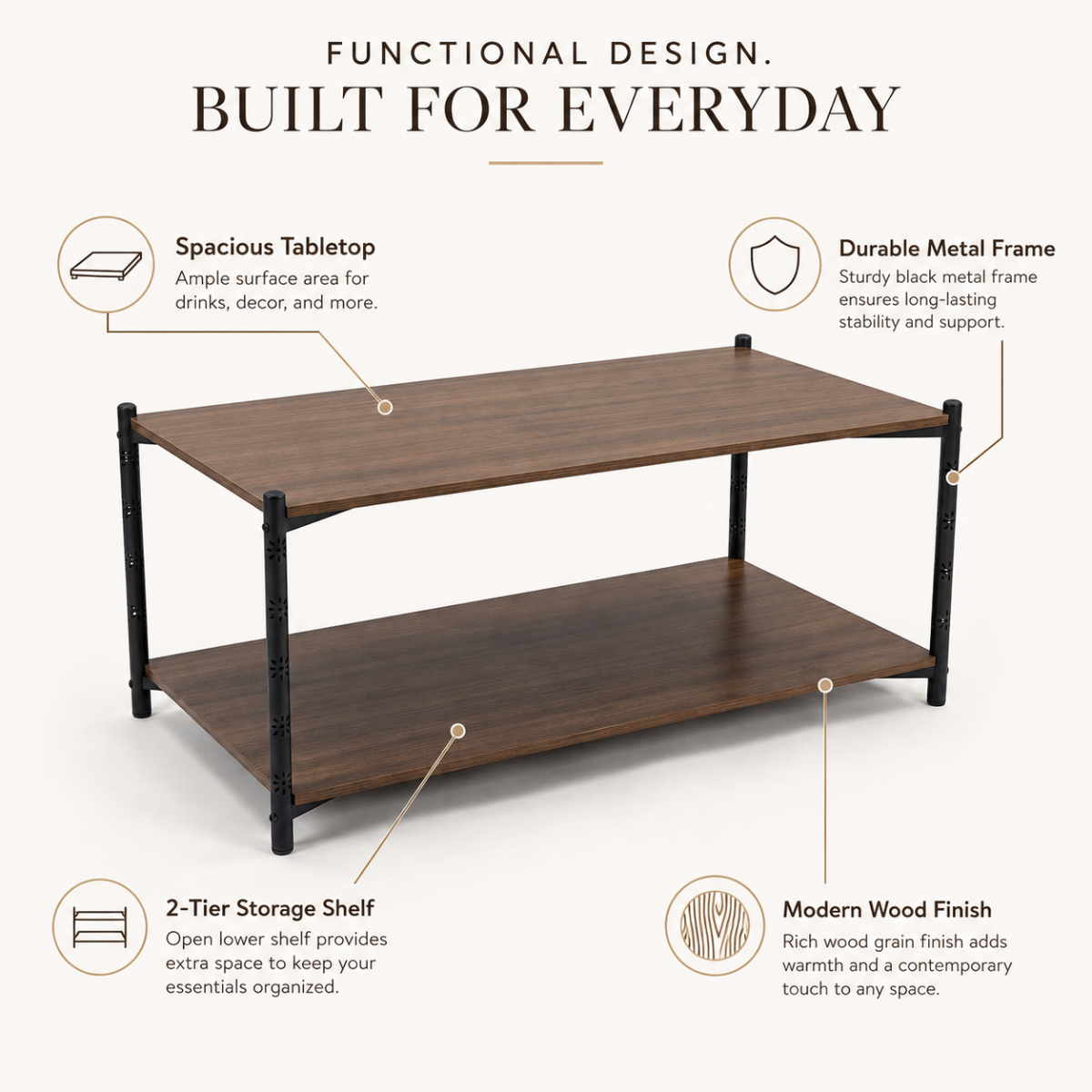 infographic highlighting spacious tabletop, durable metal frame, 2-tier storage shelf, and modern wood finish