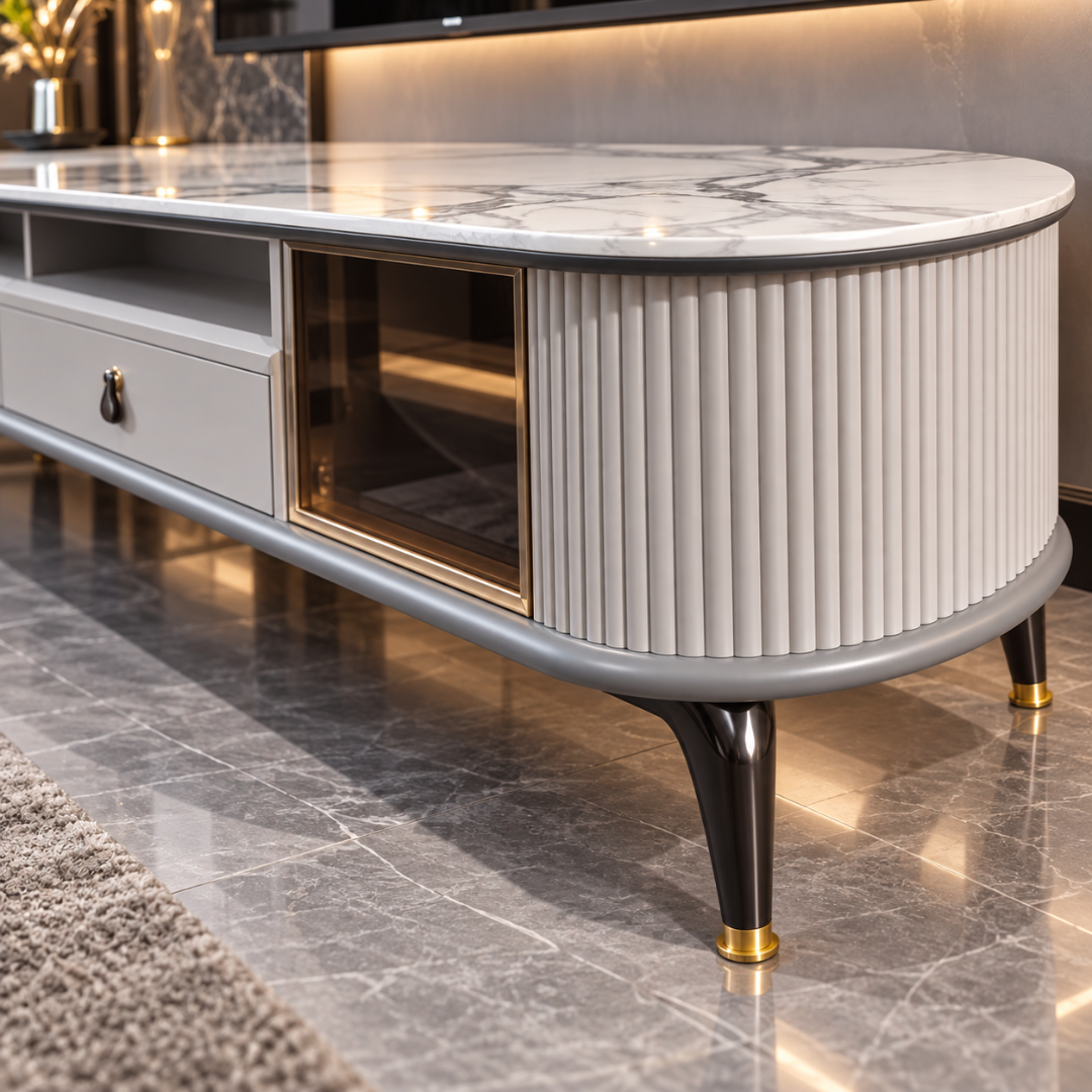 Wooden Twist Ivorra Fluted Faux Marble TV Unit Ivory – close-up of fluted curved end, glass door and gold-capped leg